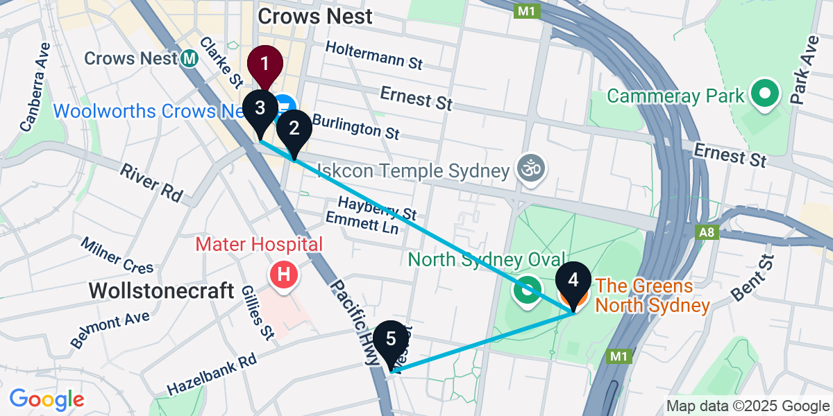 Map for 5-Stop Crows Nest Pub Bar Crawl