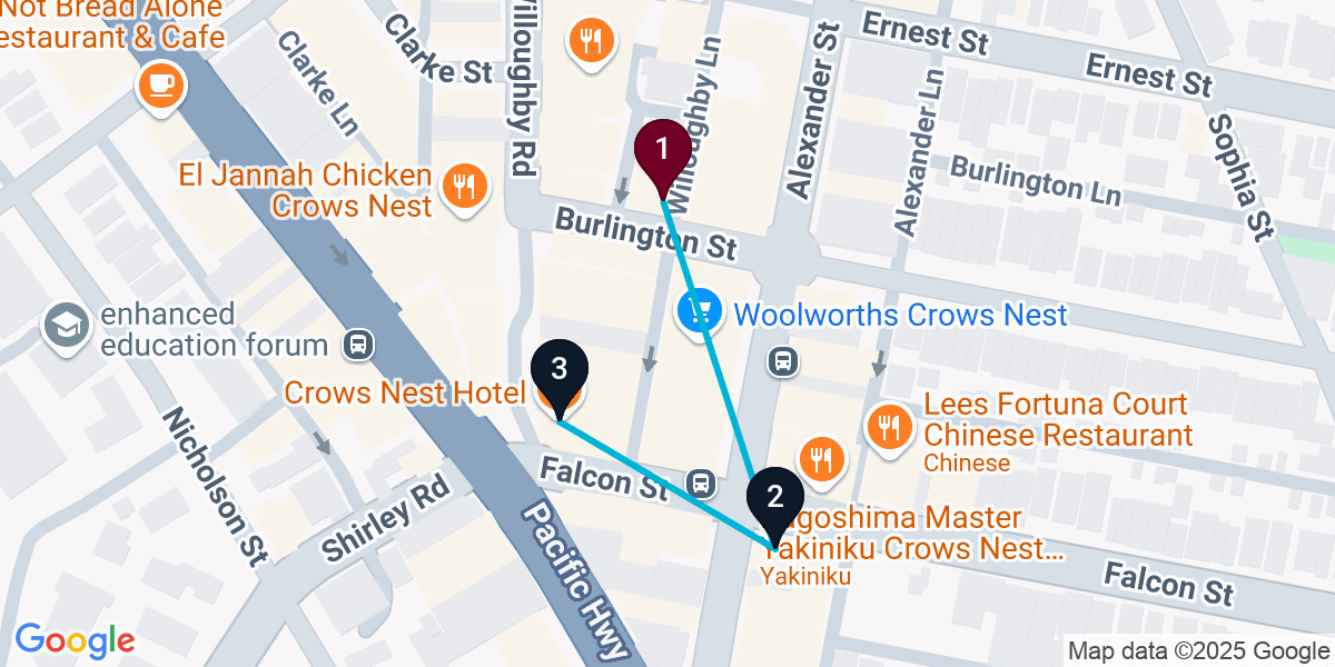 Map for 3-Stop Crows Nest Pub Bar Crawl