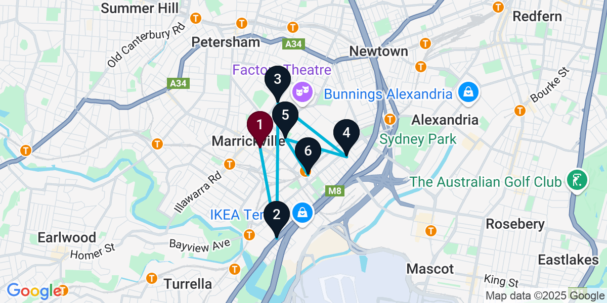 Map for 6-Stop Marrickville Pub Bar Crawl