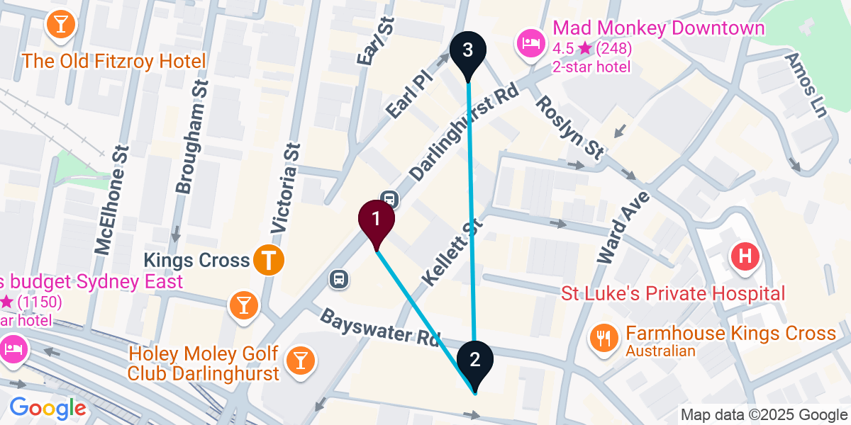 Map for 3-Stop Potts Point Rooftop Bar Crawl