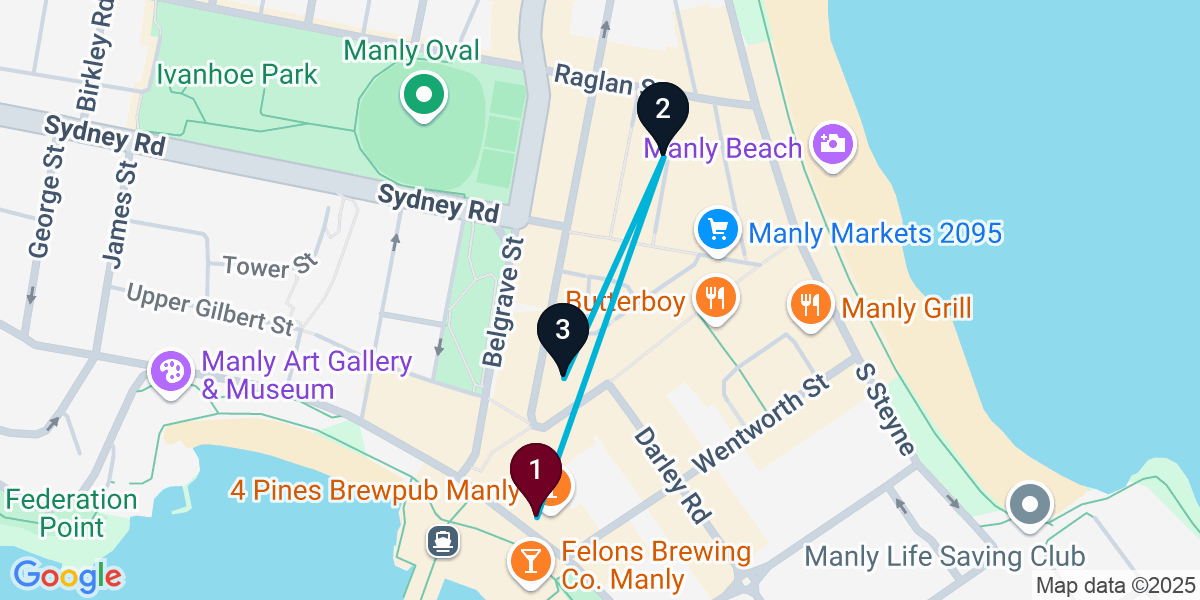 Map for 3-Stop Manly Bar Crawl