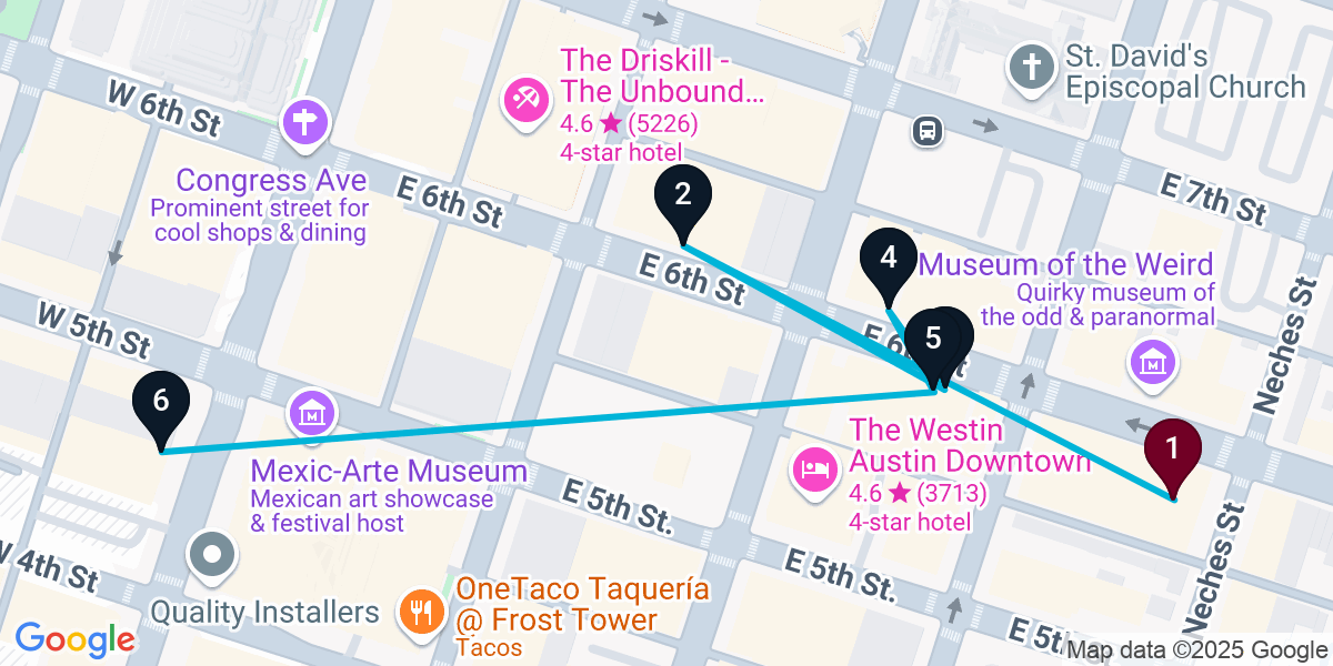 Map for 6-Stop Austin Live music Bar Crawl