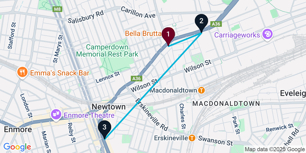 Map for 3-Stop Newtown Cocktail Bar Crawl