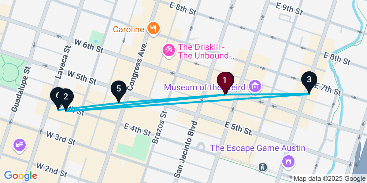 Map for 6-Stop Austin Nightclub Bar Crawl