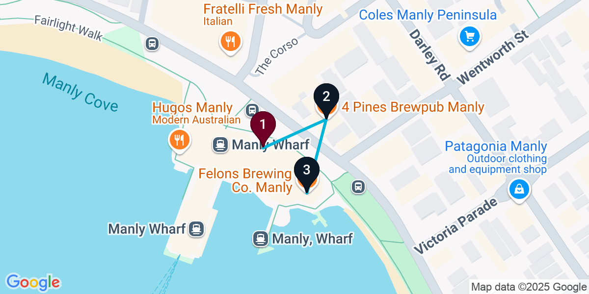 Map for 3-Stop Manly Pub Bar Crawl