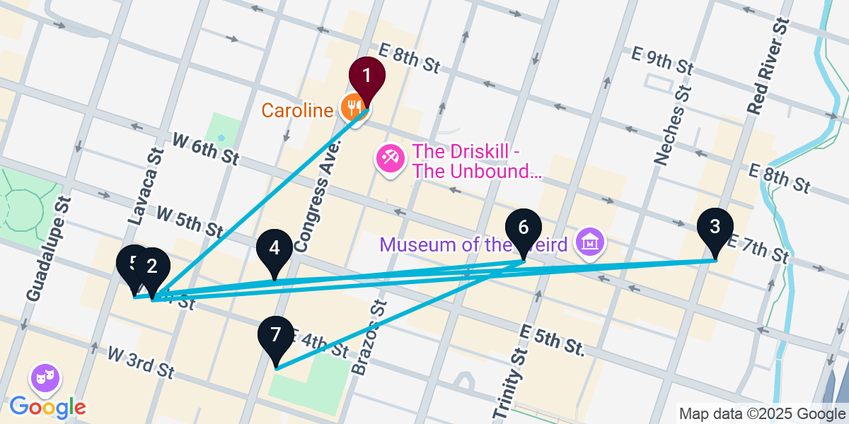 Map for 7-Stop Austin Nightclub Bar Crawl