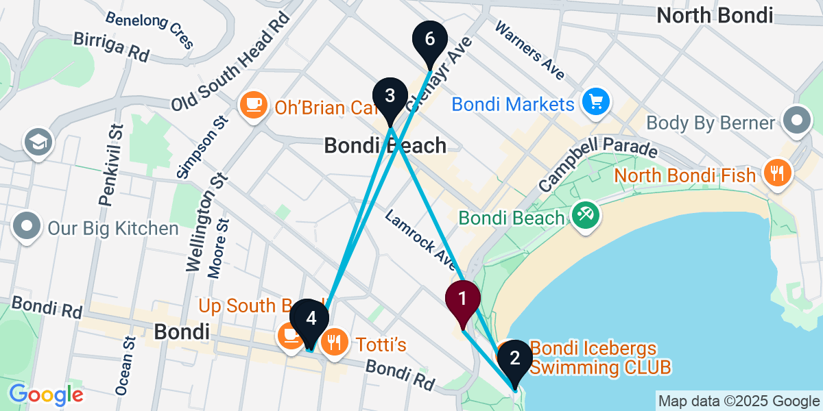 Map for 6-Stop Bondi Beach Cocktail Bar Crawl