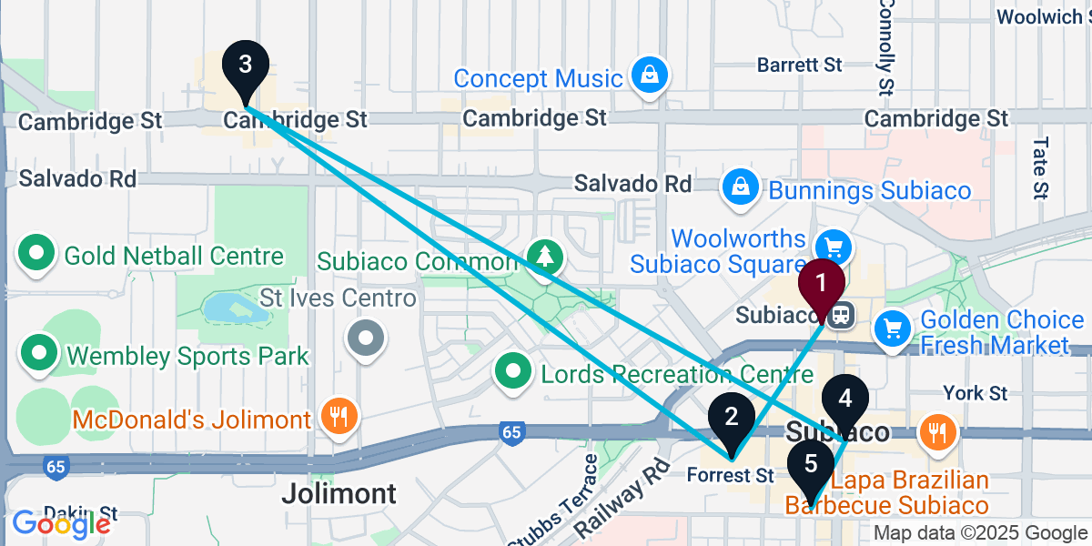 Map for 5-Stop Subiaco Pub Bar Crawl