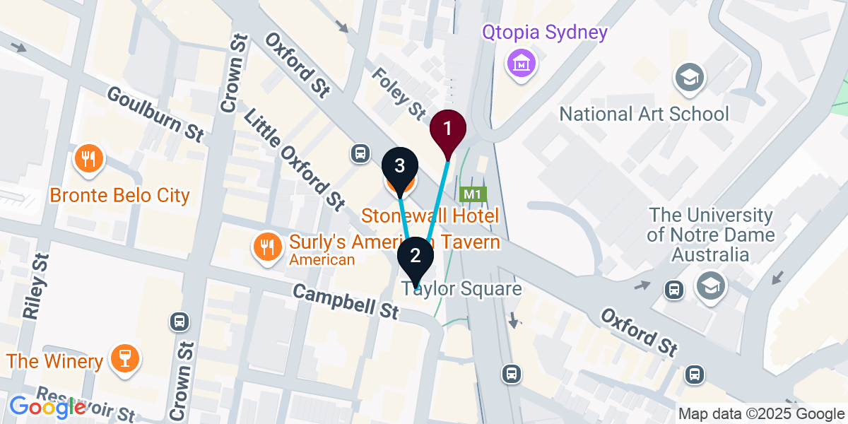 Map for 3-Stop Darlinghurst Live music Bar Crawl