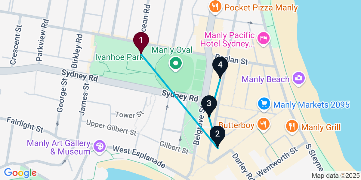 Map for 4-Stop Manly Bar Crawl