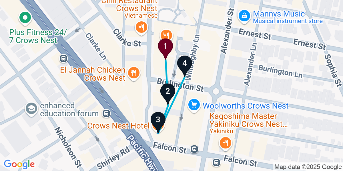 Map for 4-Stop Crows Nest Bar Crawl