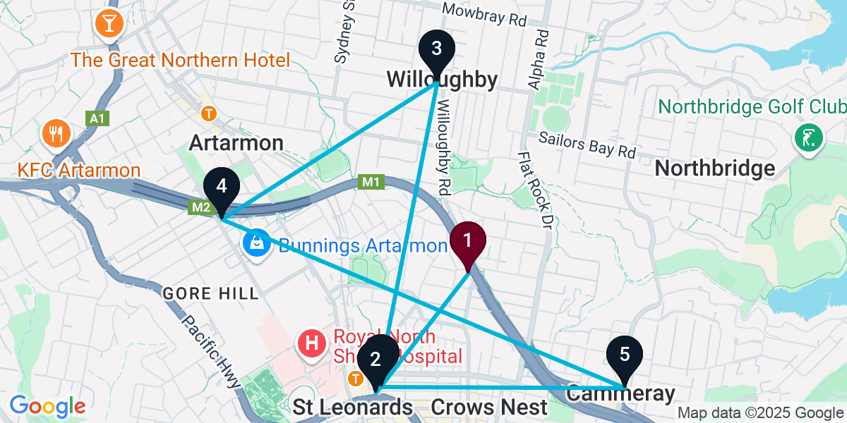 Map for 6-Stop Naremburn Pub Bar Crawl