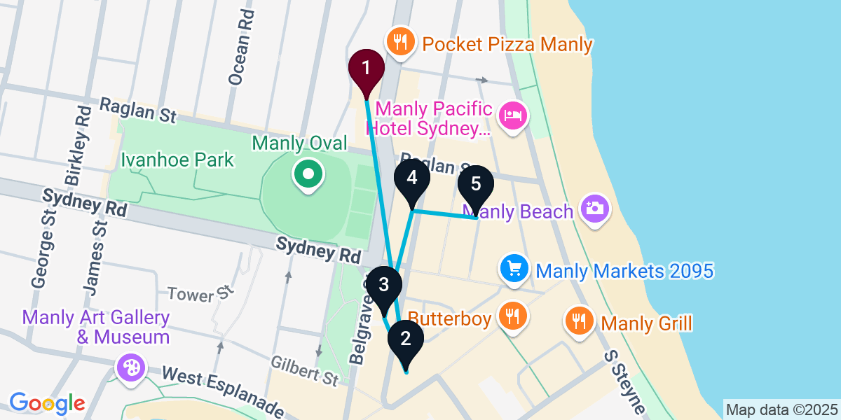 Map for 5-Stop Manly Wine bar Bar Crawl