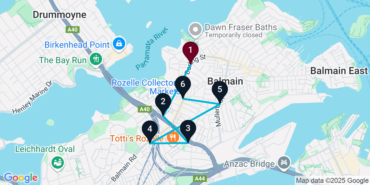 Map for 6-Stop Balmain Live music Bar Crawl