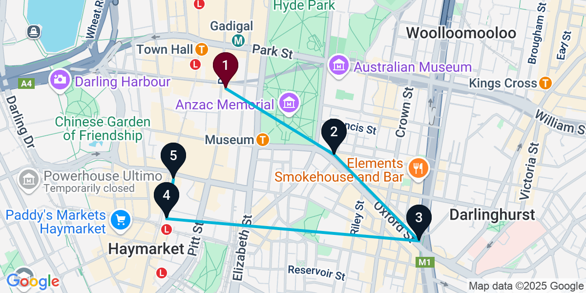 Map for 5-Stop Sydney Nightclub Bar Crawl