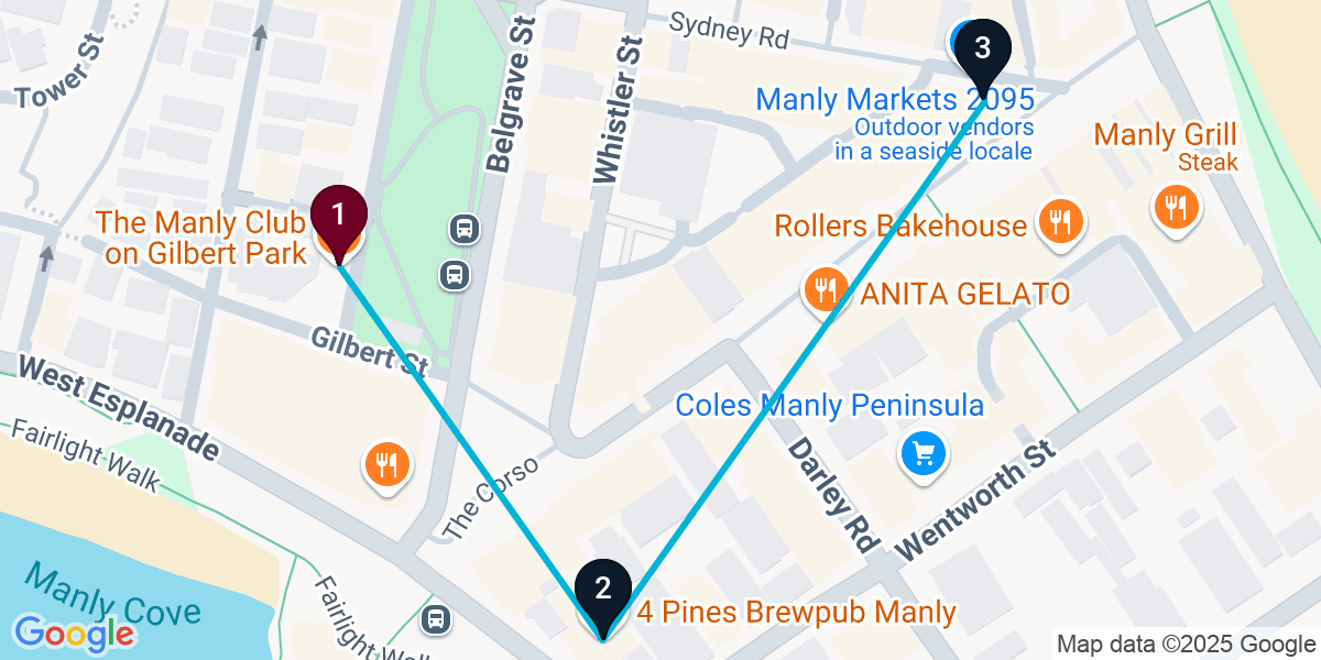 Map for 3-Stop Manly Pub Bar Crawl