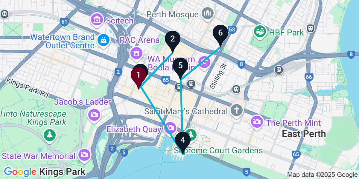 Map for 6-Stop Perth Cocktail Bar Crawl