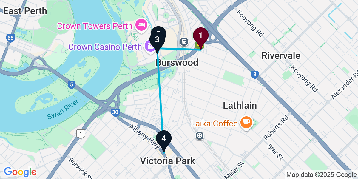 Map for 4-Stop Lathlain Nightclub Bar Crawl