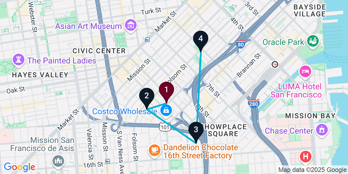 Map for 4-Stop San Francisco Nightclub Bar Crawl