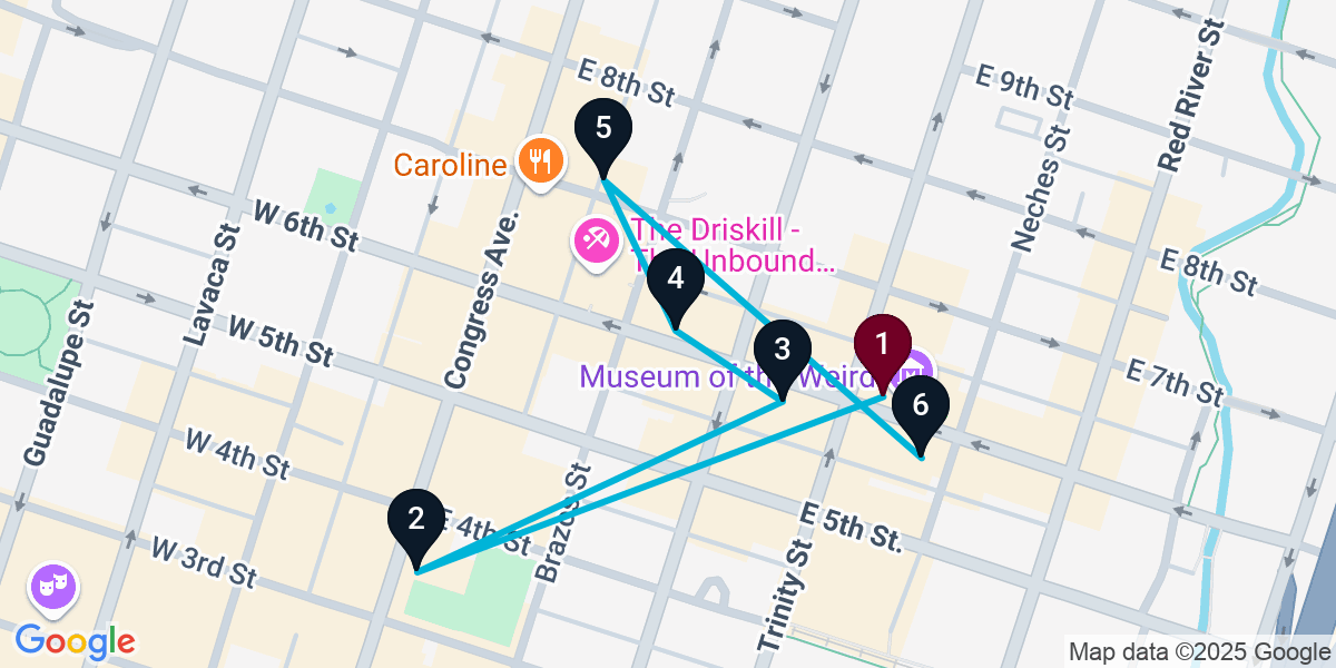 Map for 6-Stop Austin Bar Crawl