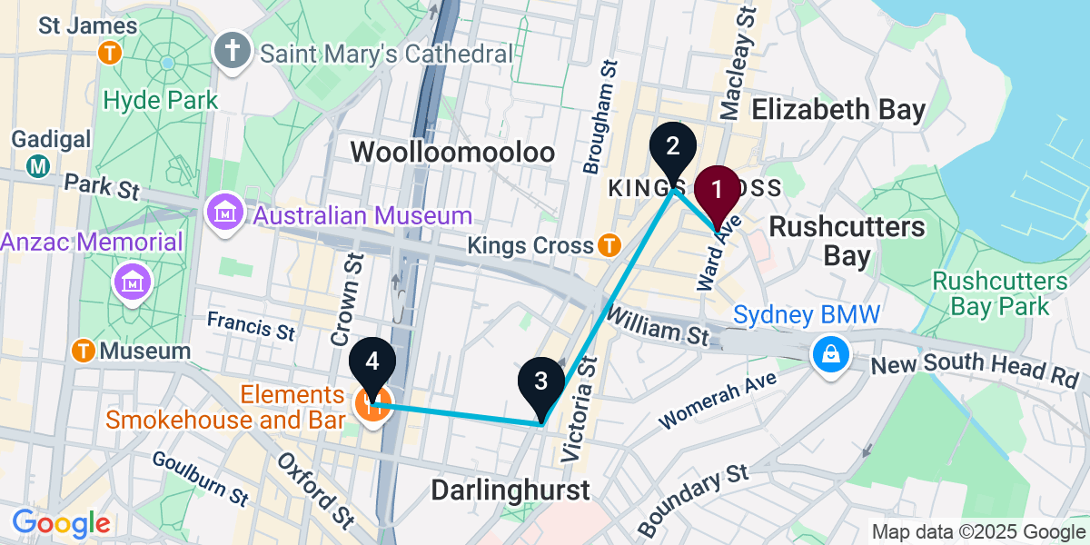 Map for 4-Stop Potts Point Rooftop Bar Crawl