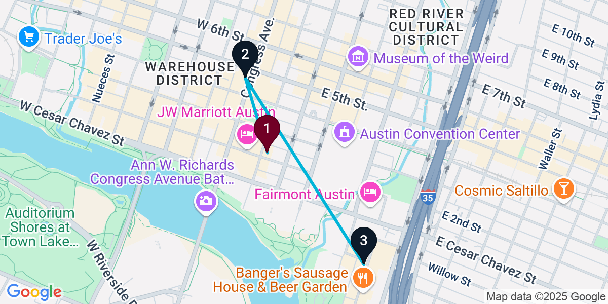 Map for 3-Stop Austin Rooftop Bar Crawl