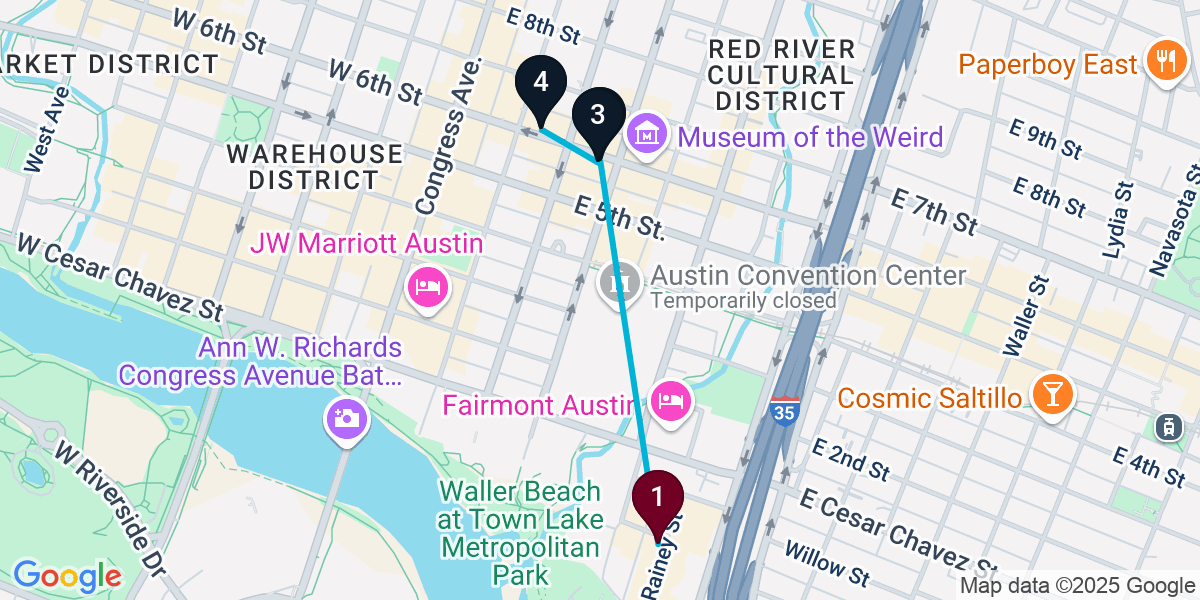 Map for 4-Stop Austin Live music Bar Crawl