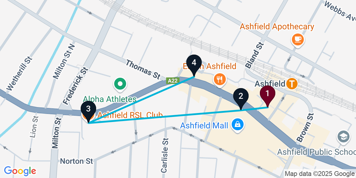 Map for 4-Stop Ashfield Nightclub Bar Crawl