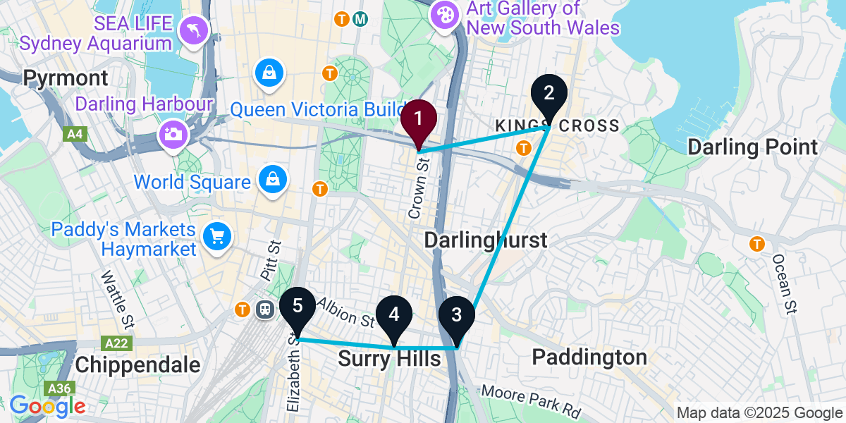 Map for 5-Stop Darlinghurst Rooftop Bar Crawl