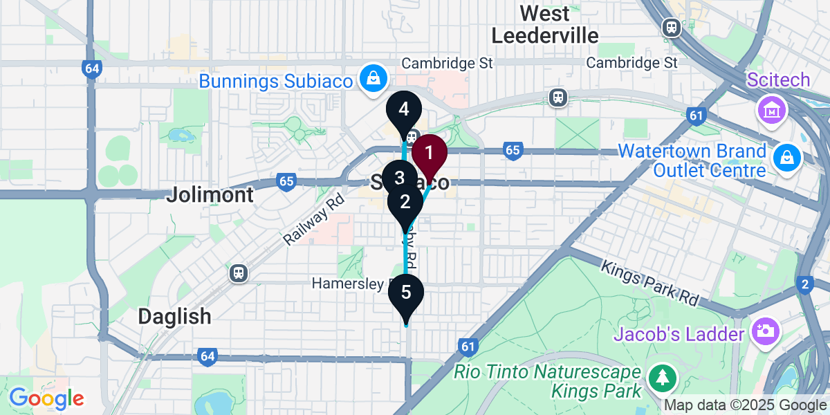 Map for 5-Stop Subiaco Bar Crawl