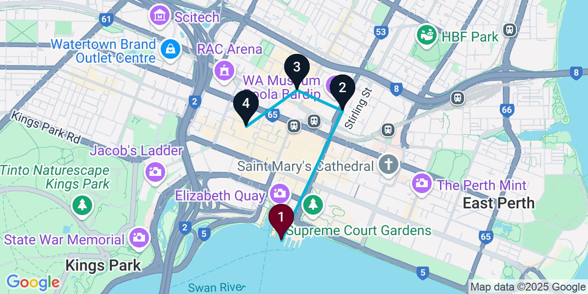 Map for 4-Stop Perth Nightclub Bar Crawl