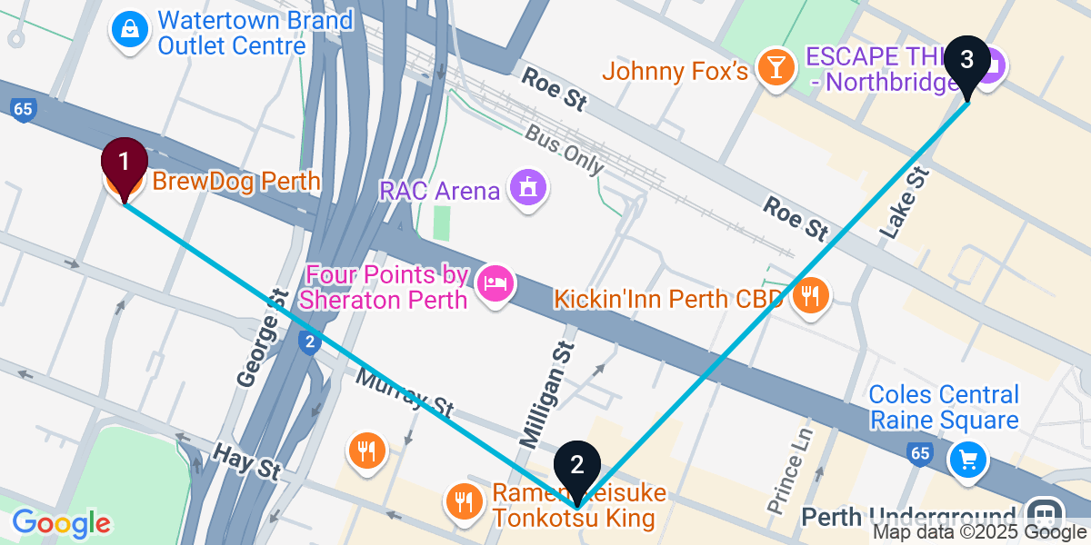 Map for 3-Stop West Perth Cocktail Bar Crawl