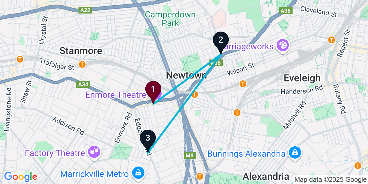 Map for 3-Stop Newtown Nightclub Bar Crawl