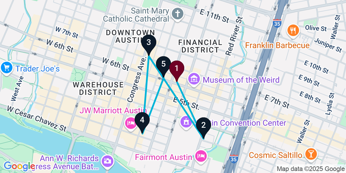 Map for 5-Stop Austin Bar Crawl