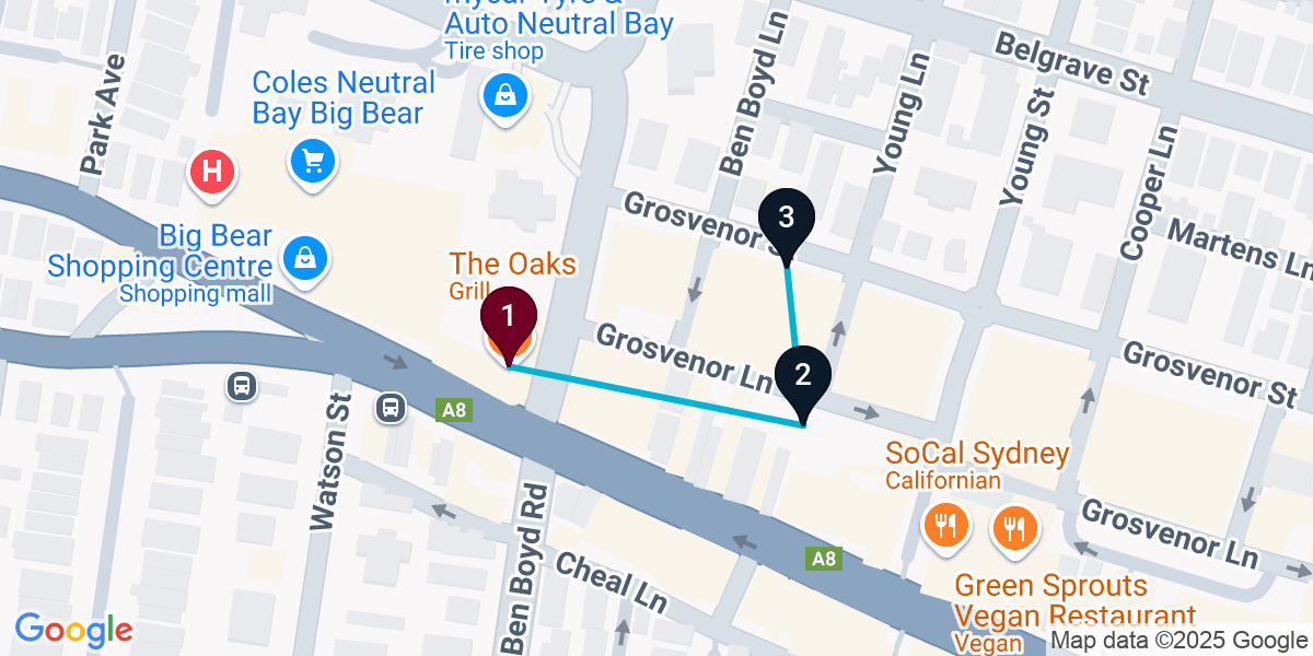 Map for 3-Stop Neutral Bay Cocktail Bar Crawl