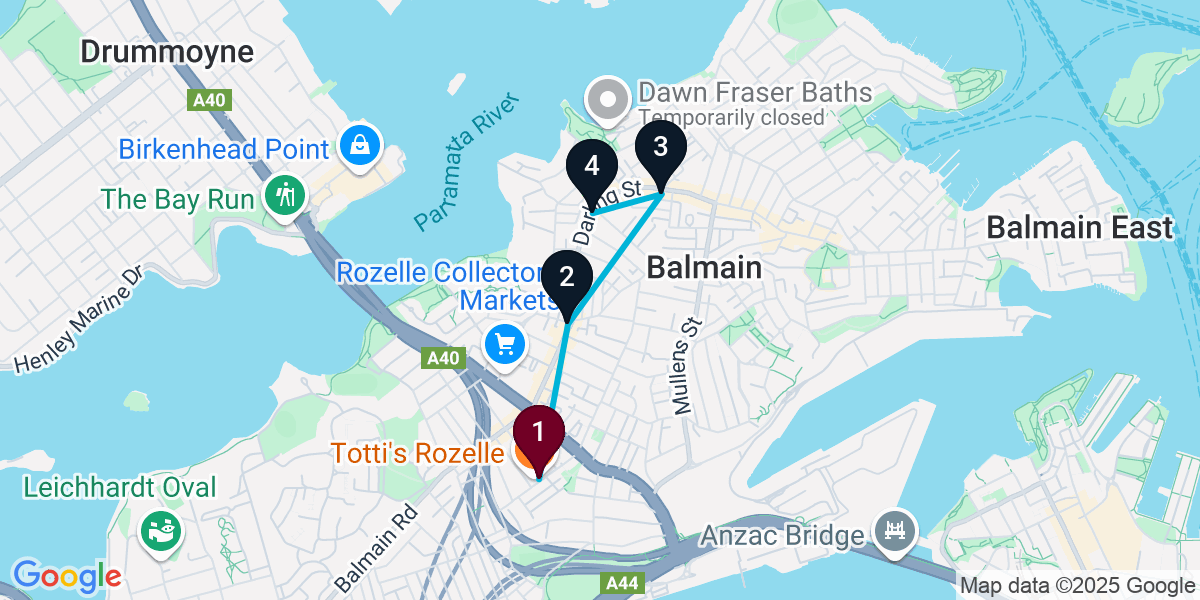 Map for 4-Stop Rozelle Cocktail Bar Crawl