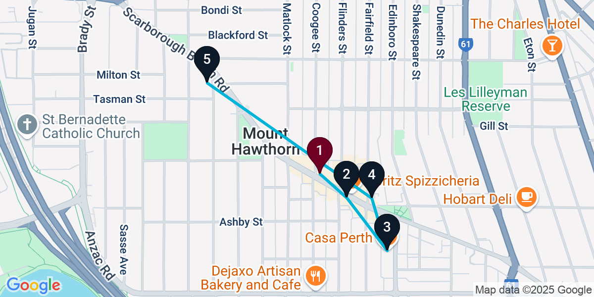 Map for 5-Stop Mount Hawthorn Bar Crawl
