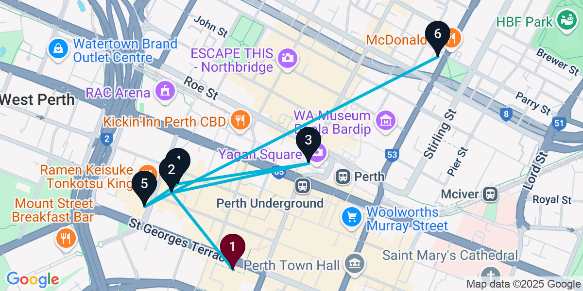 Map for 6-Stop Perth Bar Crawl