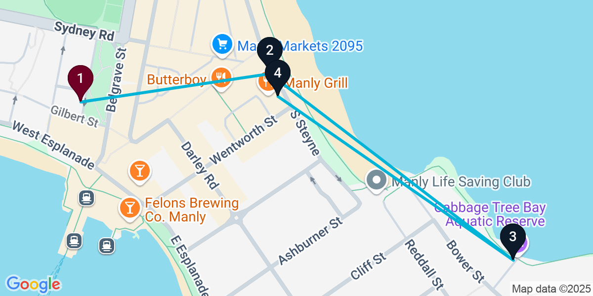 Map for 4-Stop Manly Beach bar Bar Crawl