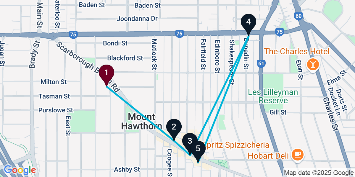 Map for 5-Stop Mount Hawthorn Bar Crawl