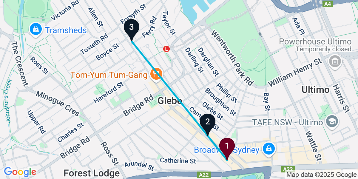 Map for 3-Stop Glebe Live music Bar Crawl