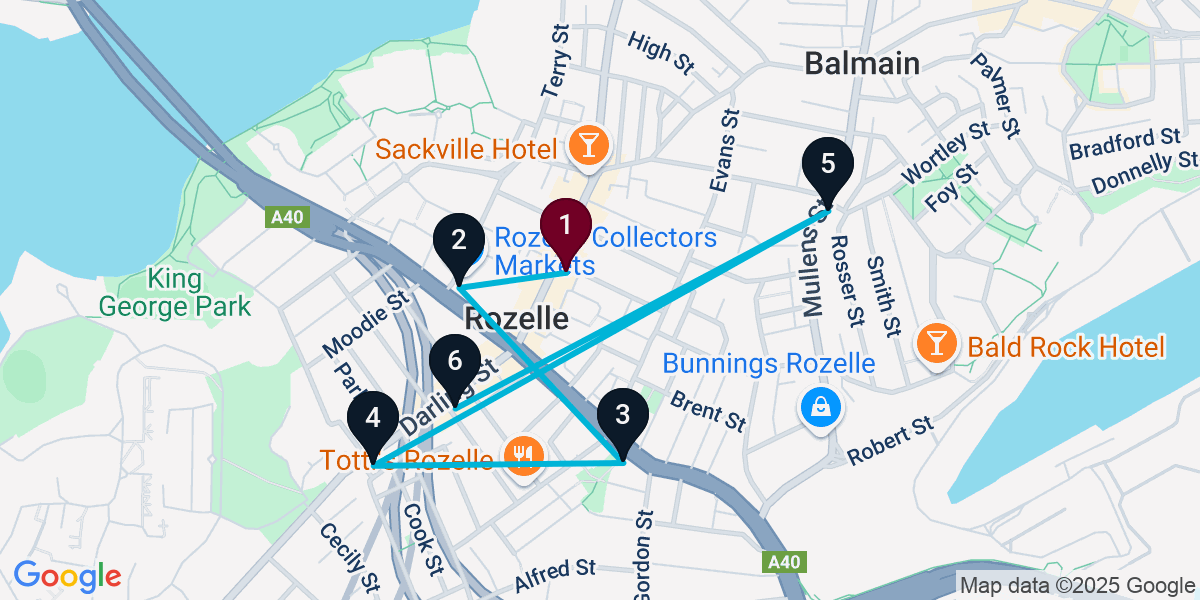 Map for 6-Stop Rozelle Live music Bar Crawl