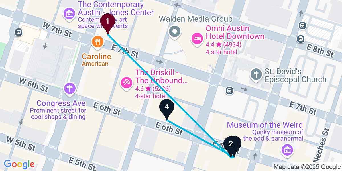 Map for 4-Stop Austin Live music Bar Crawl