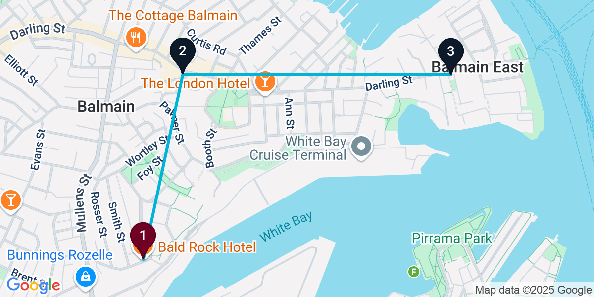 Map for 3-Stop Rozelle Pub Bar Crawl