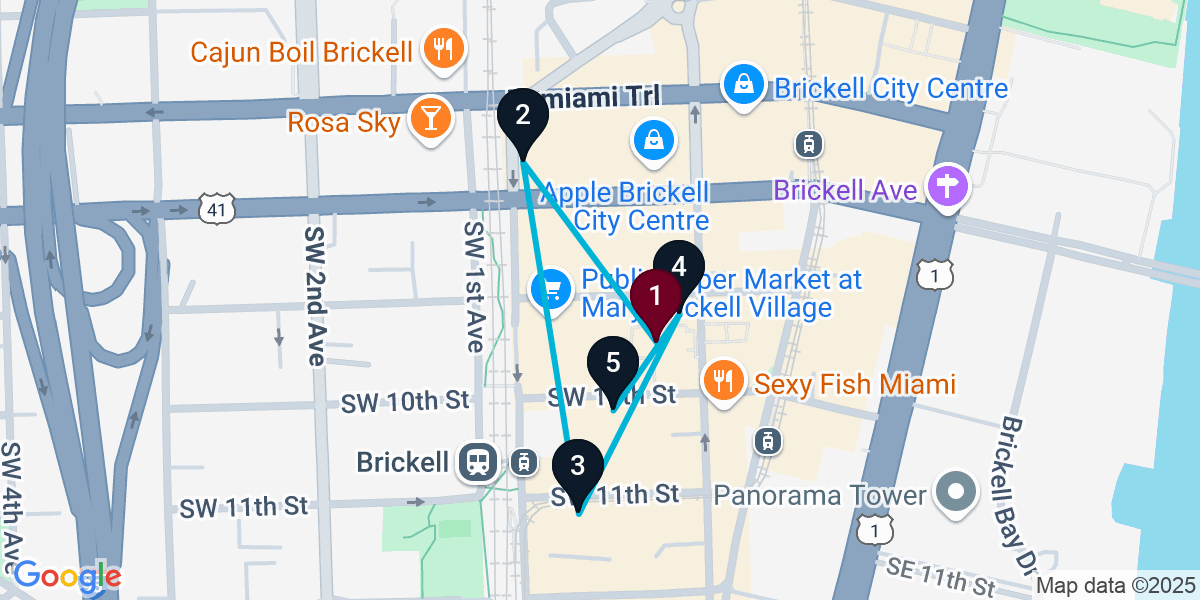 Map for Extended Brickell Bar Crawl