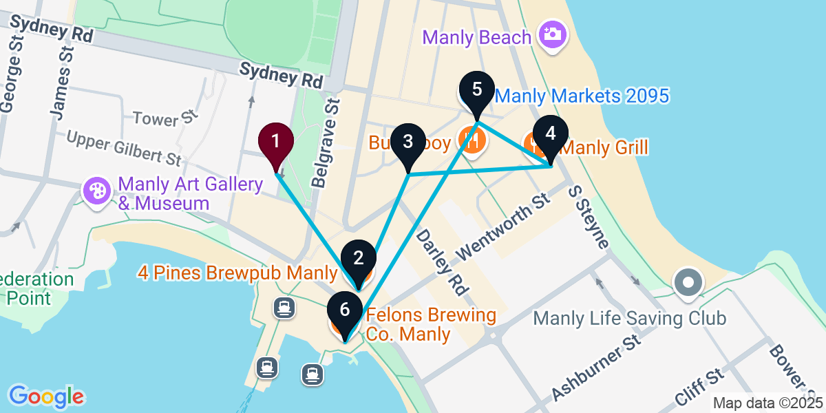 Map for 6-Stop Manly Pub Bar Crawl