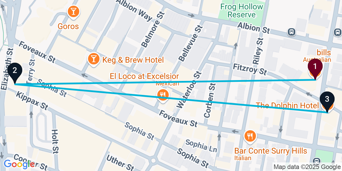 Map for 3-Stop Surry Hills Rooftop Bar Crawl