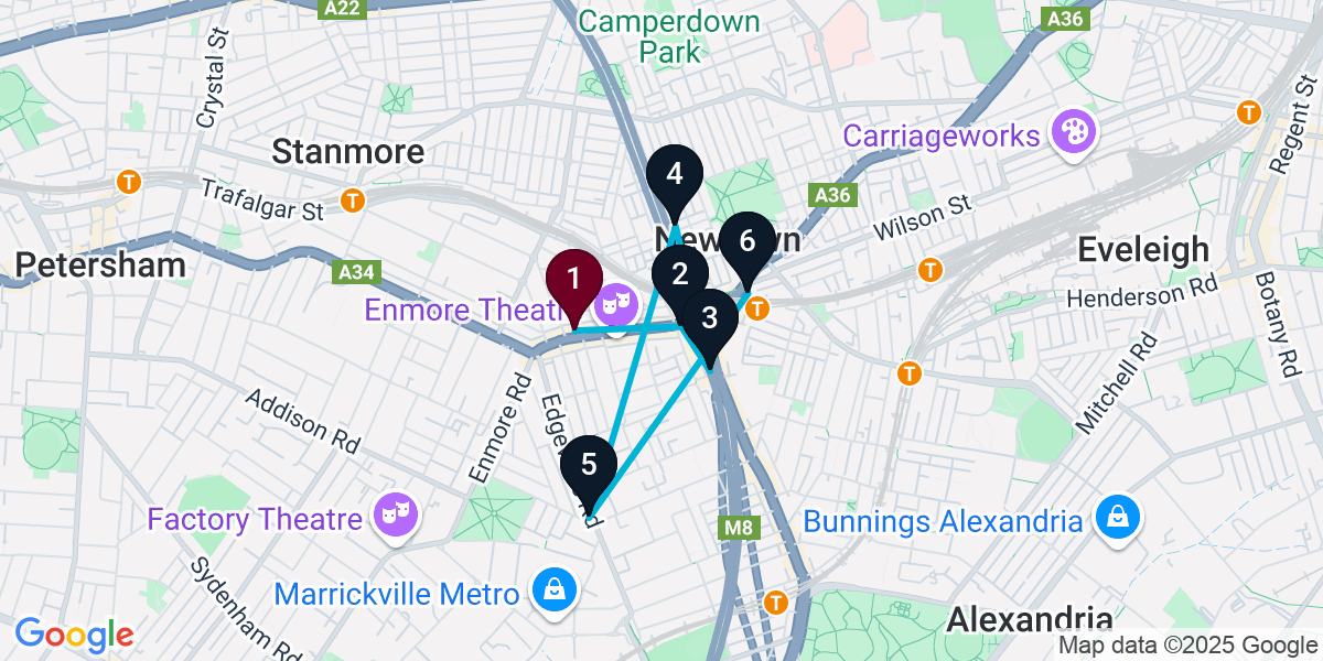 Map for 6-Stop Enmore Cocktail Bar Crawl