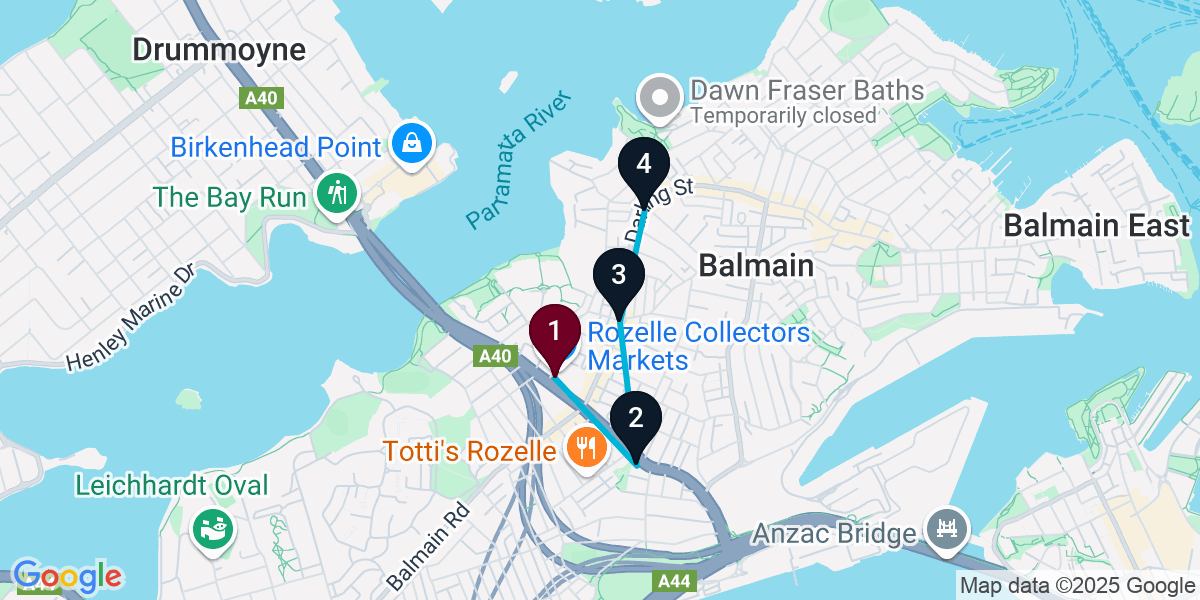Map for 4-Stop Rozelle Pub Bar Crawl