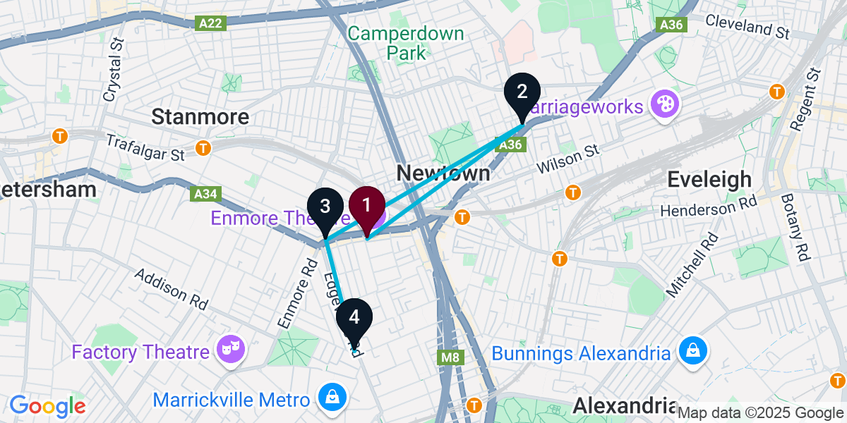 Map for 4-Stop Newtown Nightclub Bar Crawl